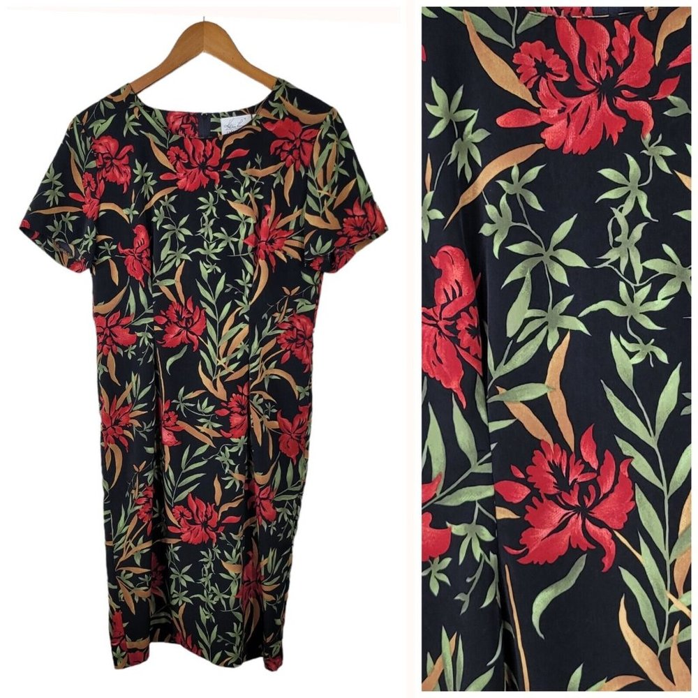 Vintage 90s Kathy Lee Tropical Sheath Dress size Medium unlined Red Knee Length